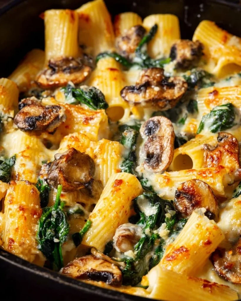 Creamy roasted mushroom baked pasta in a dish garnished with herbs.