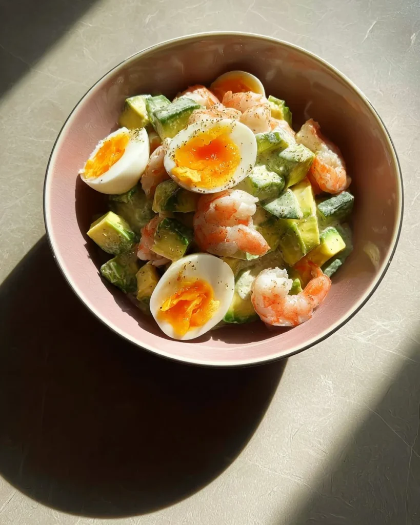Creamy shrimp power bowl with jammy egg and fresh ingredients