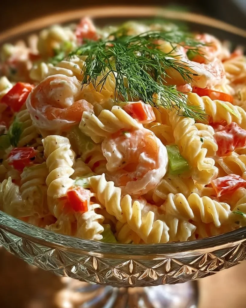 Creamy shrimp pasta salad featuring fresh ingredients and a flavorful dressing