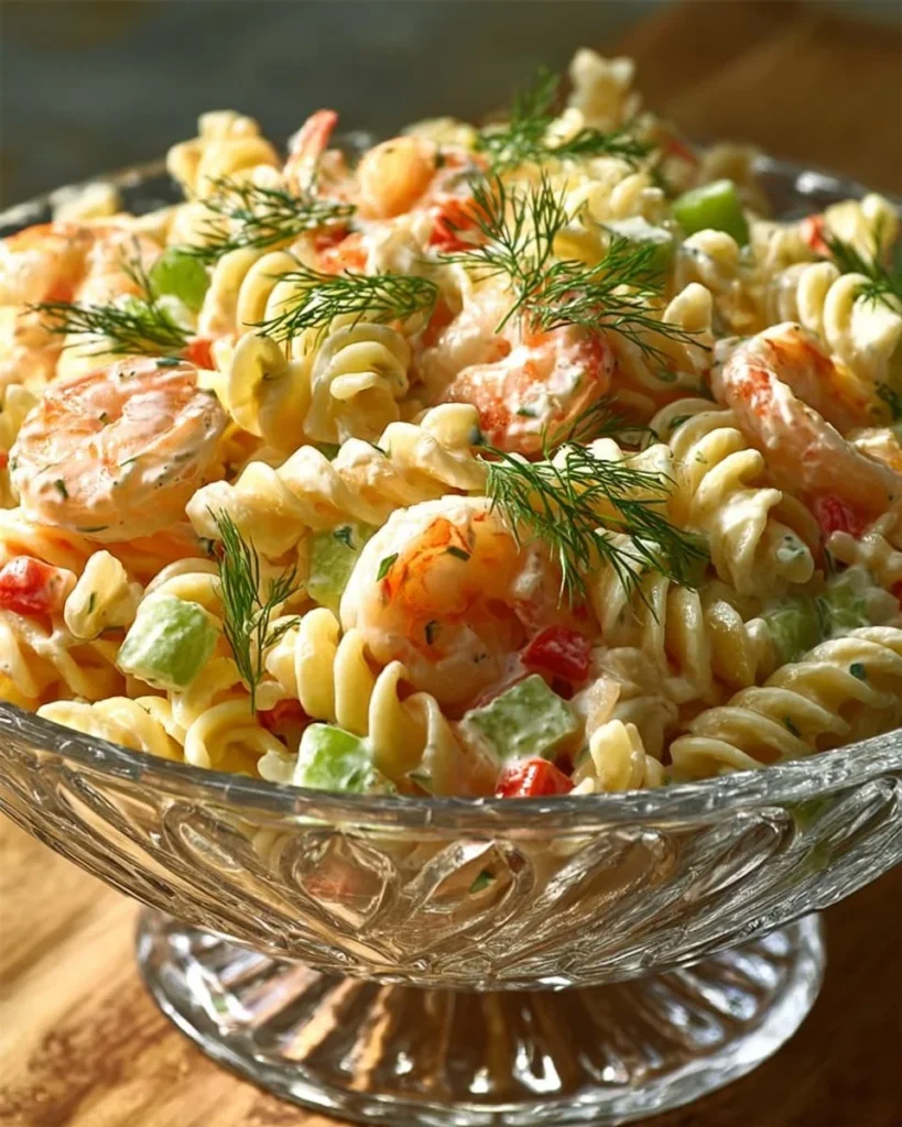Creamy shrimp pasta salad with dill in a bowl, garnished with fresh herbs