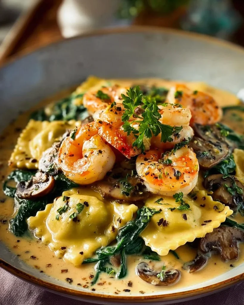 Creamy shrimp and spinach ravioli served in a white sauce