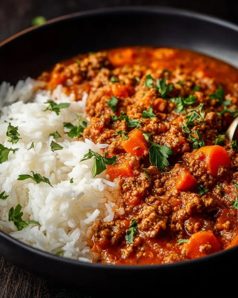 Creamy spiced keema curry served over fluffy rice