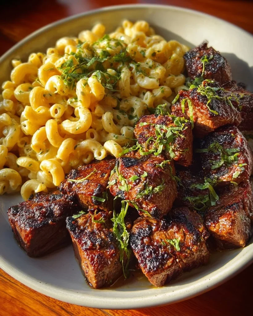 Creamy spicy garlic butter steak pasta with Parmesan sauce served on a plate