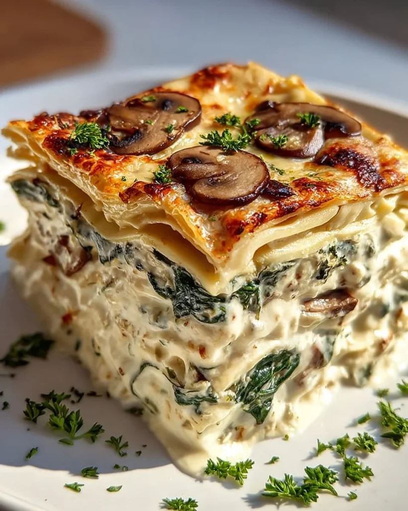 Creamy spinach and mushroom lasagna on a plate with cheese topping.