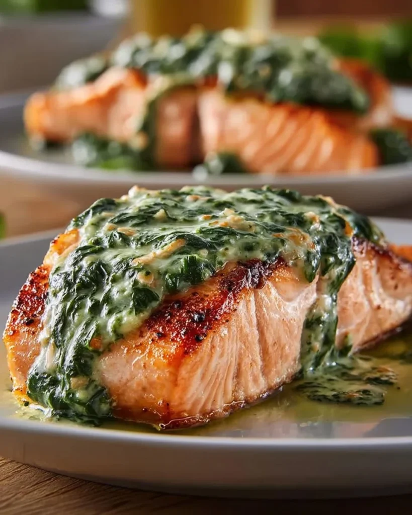 Creamy spinach and shrimp stuffed salmon on a plate with herbs and lemon