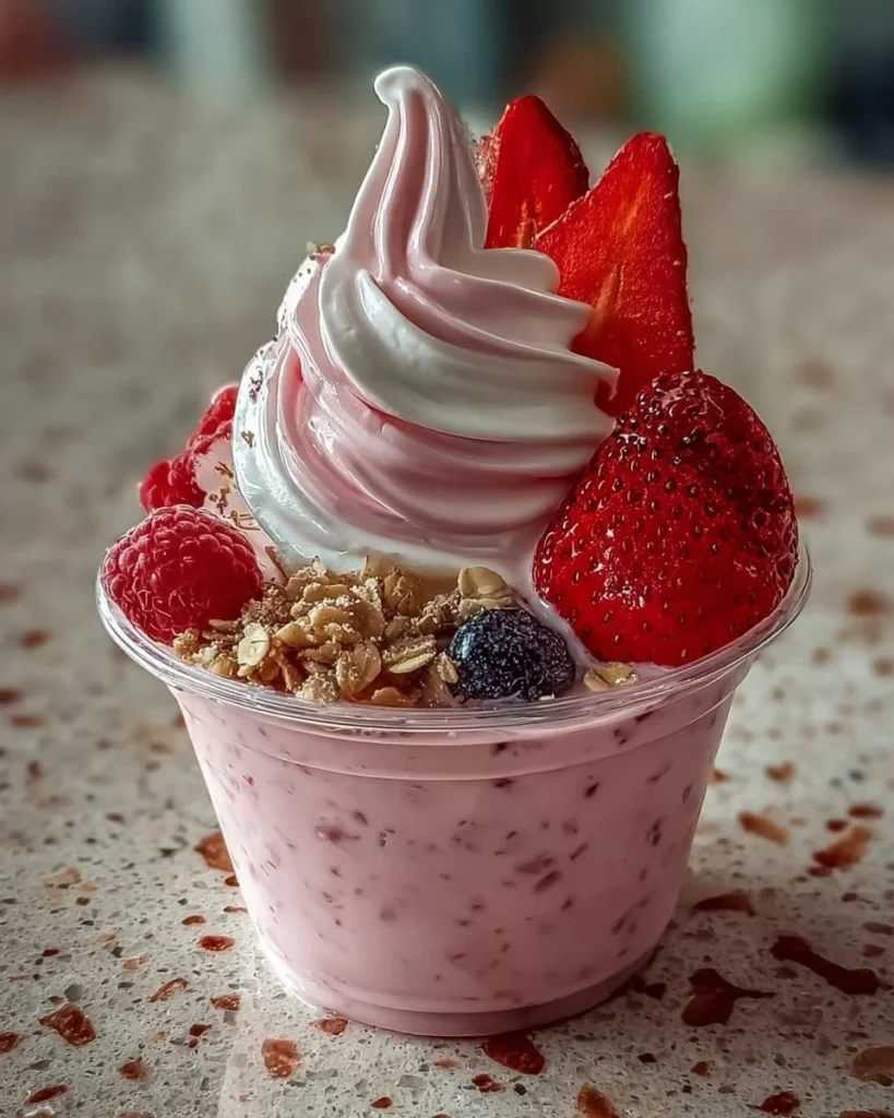 Creamy Strawberry Vanilla Delight dessert topped with fresh strawberries