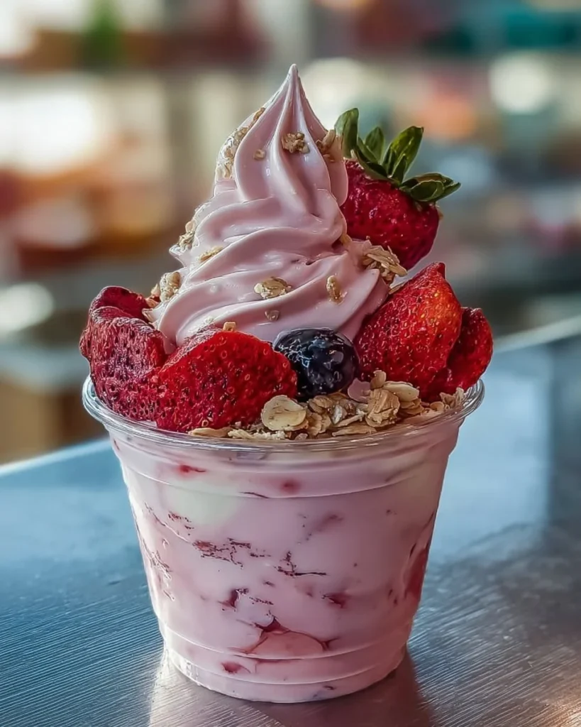 Creamy strawberry vanilla dessert with fresh strawberries and whipped cream