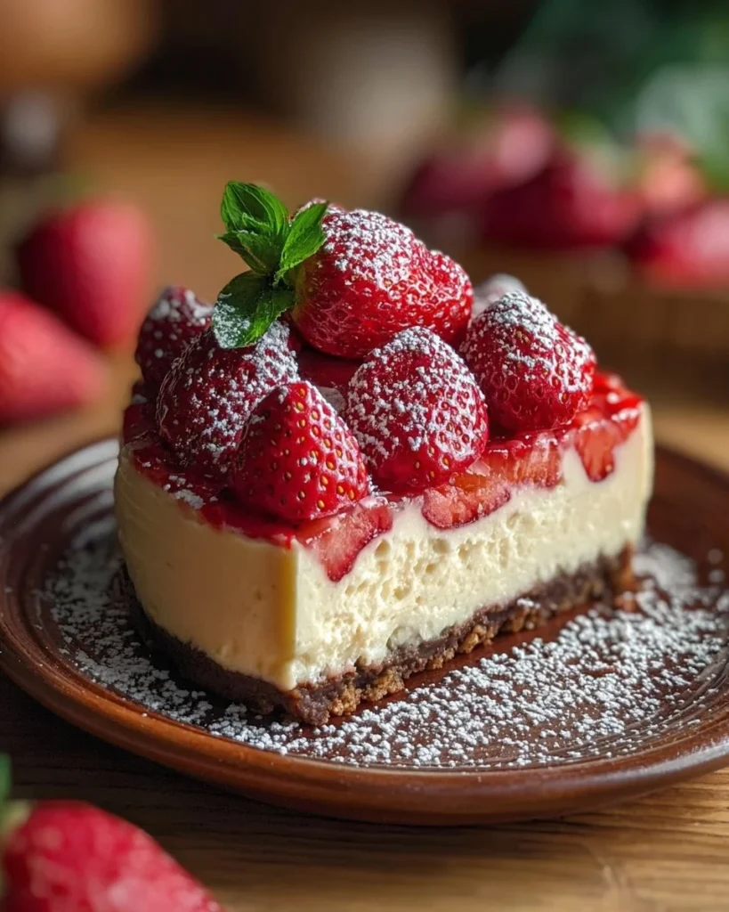 Creamy strawberry white chocolate cheesecake slice with fresh strawberries on top