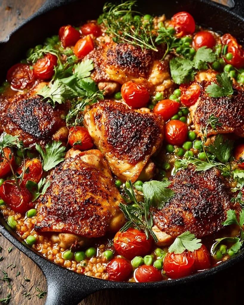 Creamy tomato chicken and rice skillet in a pan, garnished with herbs.