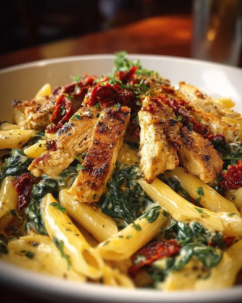 Creamy Tuscan chicken pasta with spinach and sun-dried tomatoes in a bowl