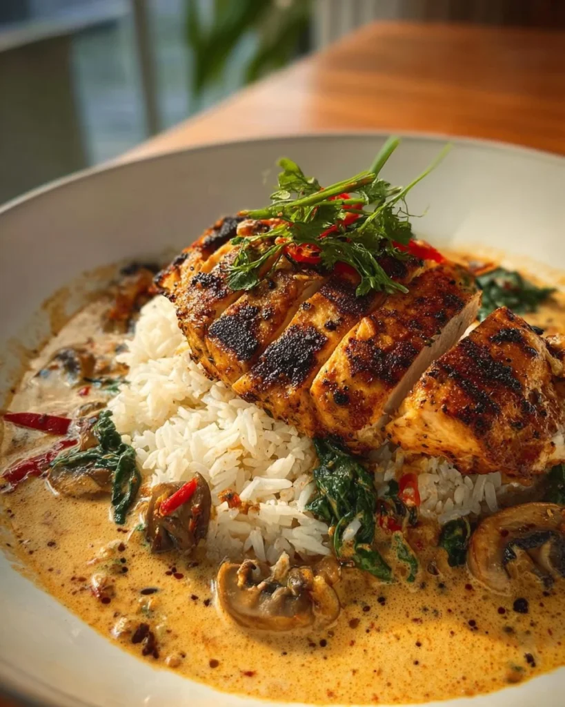Creamy Tuscan chicken served over rice, garnished with herbs.