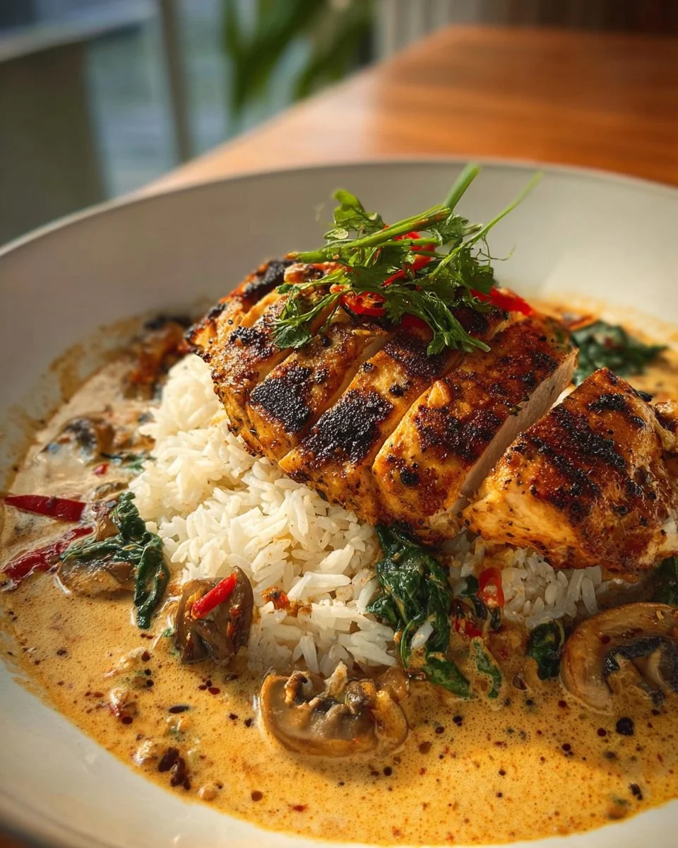 Creamy Tuscan chicken served over rice, garnished with herbs.