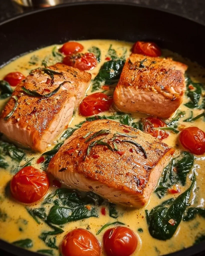 Creamy Tuscan Salmon dish with spinach and cherry tomatoes