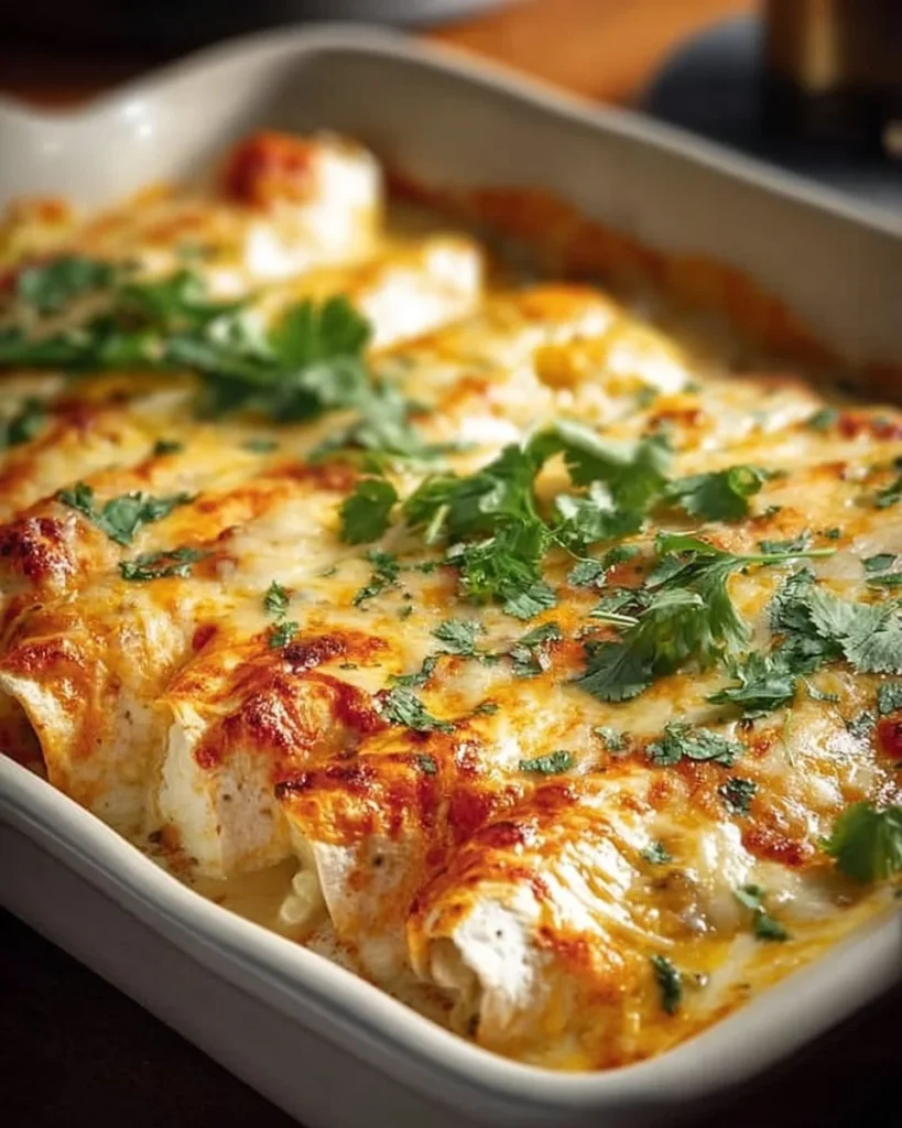 Delicious creamy white chicken enchiladas topped with cheese and herbs