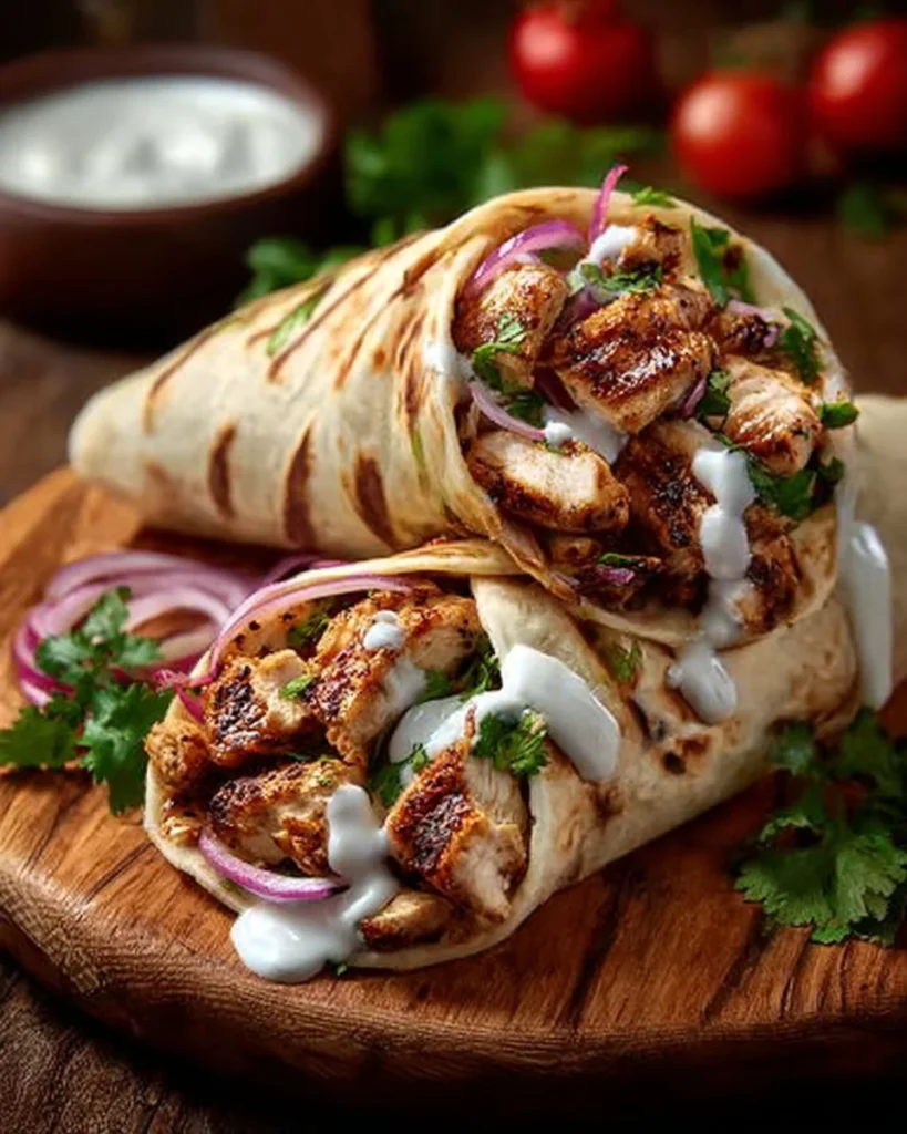 Creamy yogurt and spice marinated chicken shawarma served with fresh vegetables
