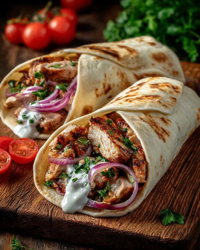 Creamy yogurt and spice marinated chicken shawarma served on a plate