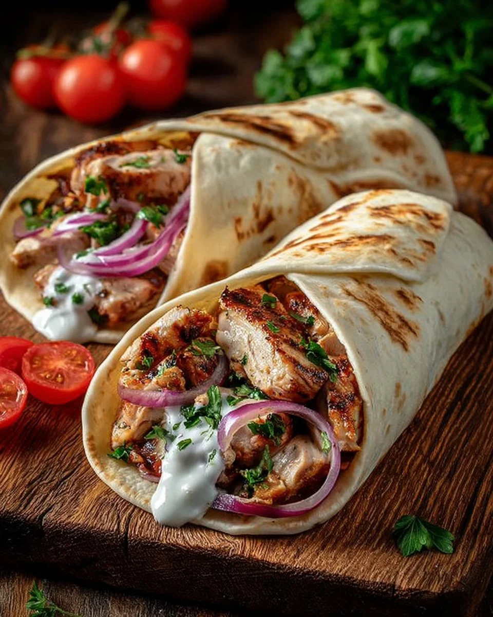 Creamy yogurt and spice marinated chicken shawarma served on a plate