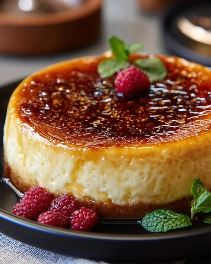 Delicious crème brûlée cheesecake topped with caramelized sugar crust