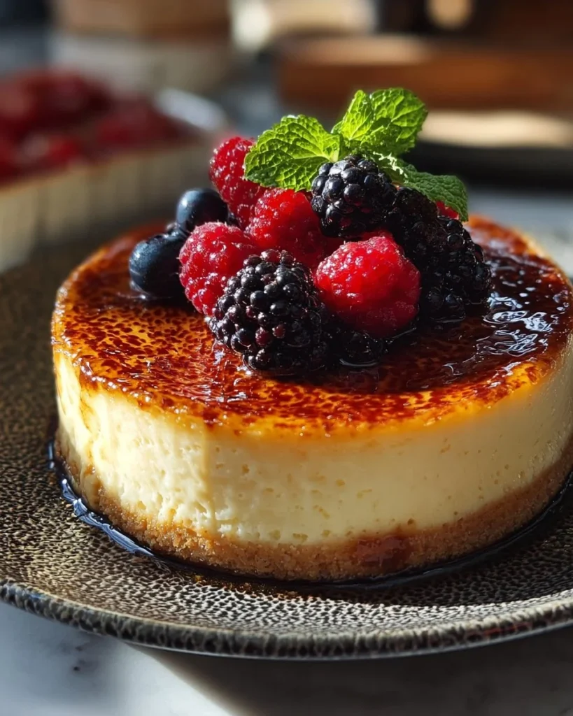 Delicious crème brûlée cheesecake topped with caramelized sugar crust