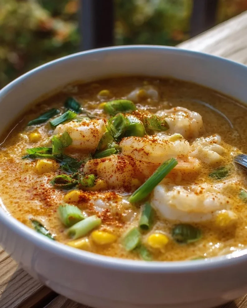 Delicious bowl of Creole Crab and Corn Chowder garnished with herbs.