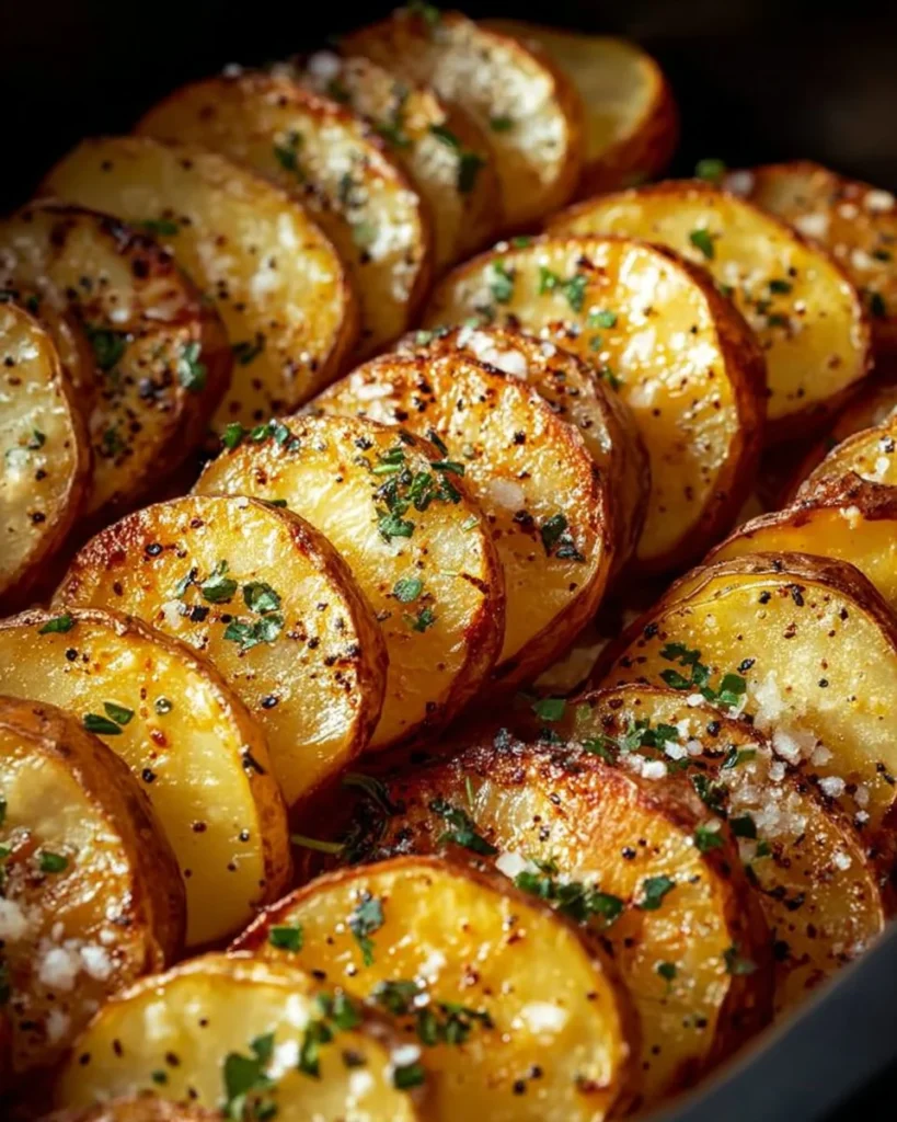 Crisped air fryer sliced potatoes served on a plate