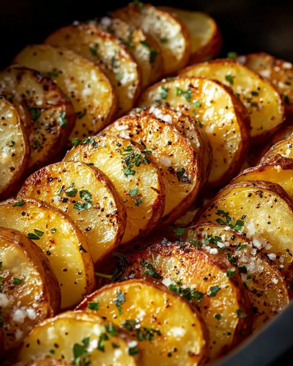 Crisped air fryer sliced potatoes served on a plate