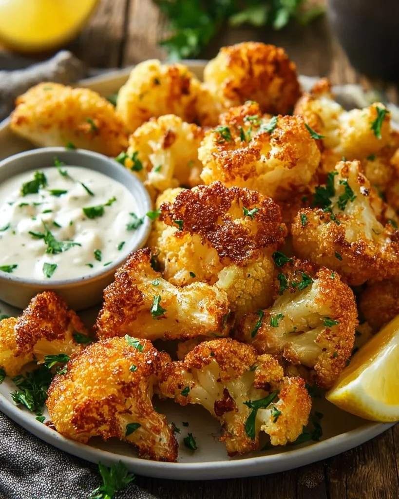 Plate of crispy baked cauliflower bites ready to be served.