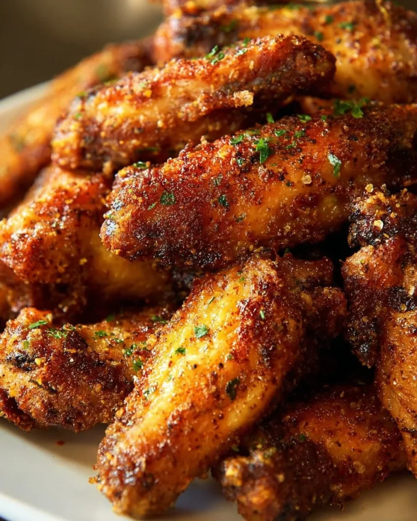 Plate of crispy baked chicken wings with dipping sauce
