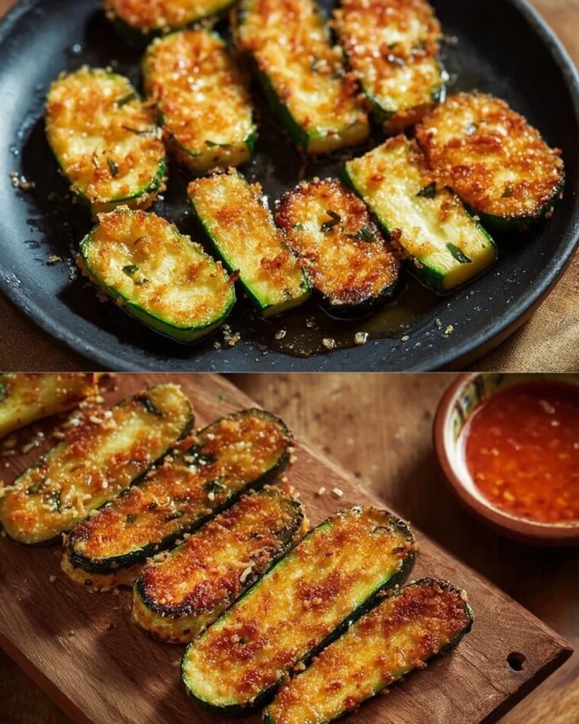 Crispy baked parmesan zucchini sticks on a platter with dipping sauce