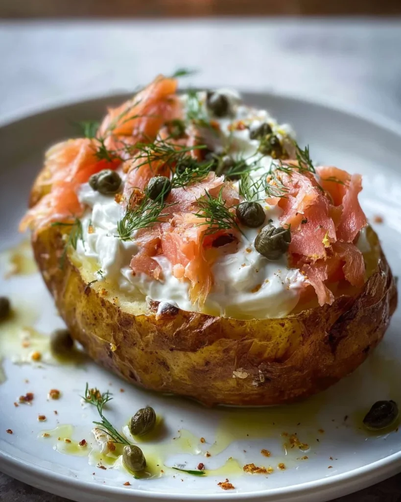 Crispy baked potato topped with flaked salmon and dill cream on a plate