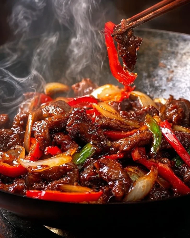 Delicious crispy beef stir-fry served with colorful vegetables