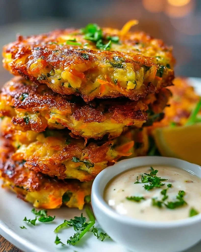 Crispy carrot and chickpea patties on a plate garnished with herbs