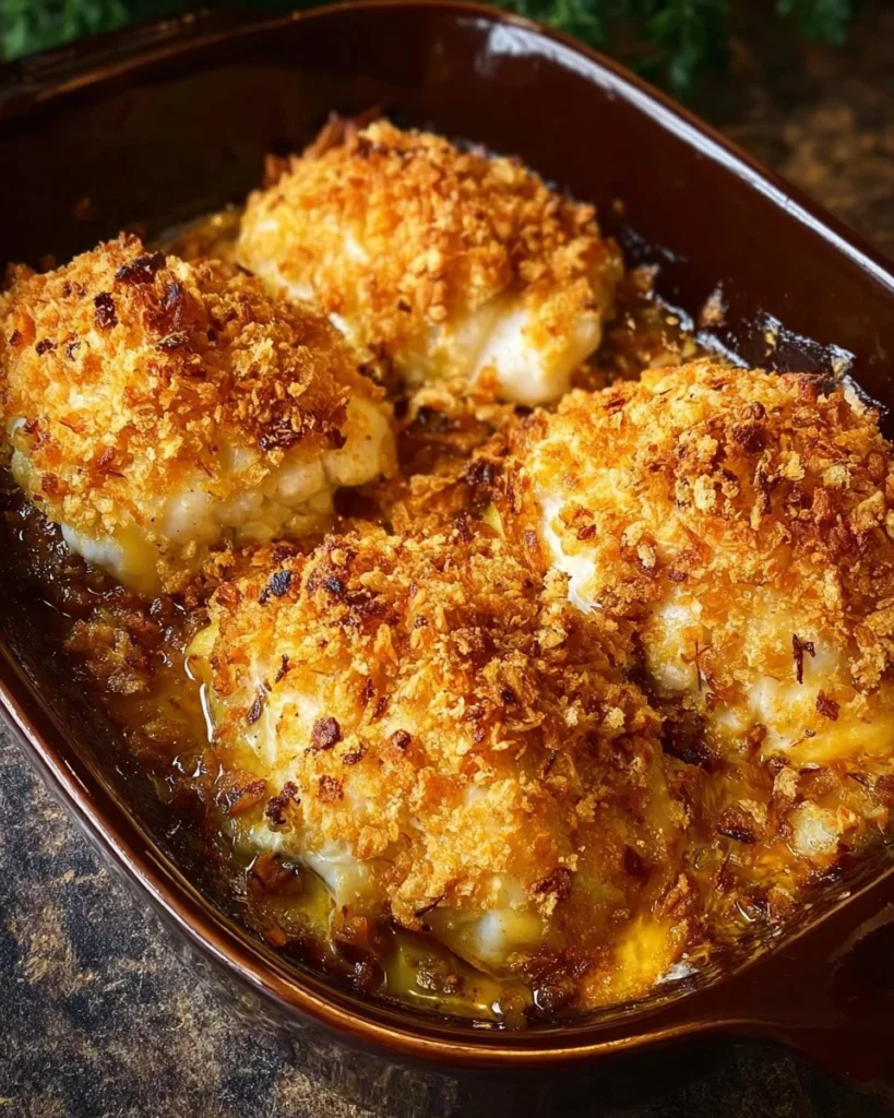 Crispy cheddar baked chicken served with a side of vegetables