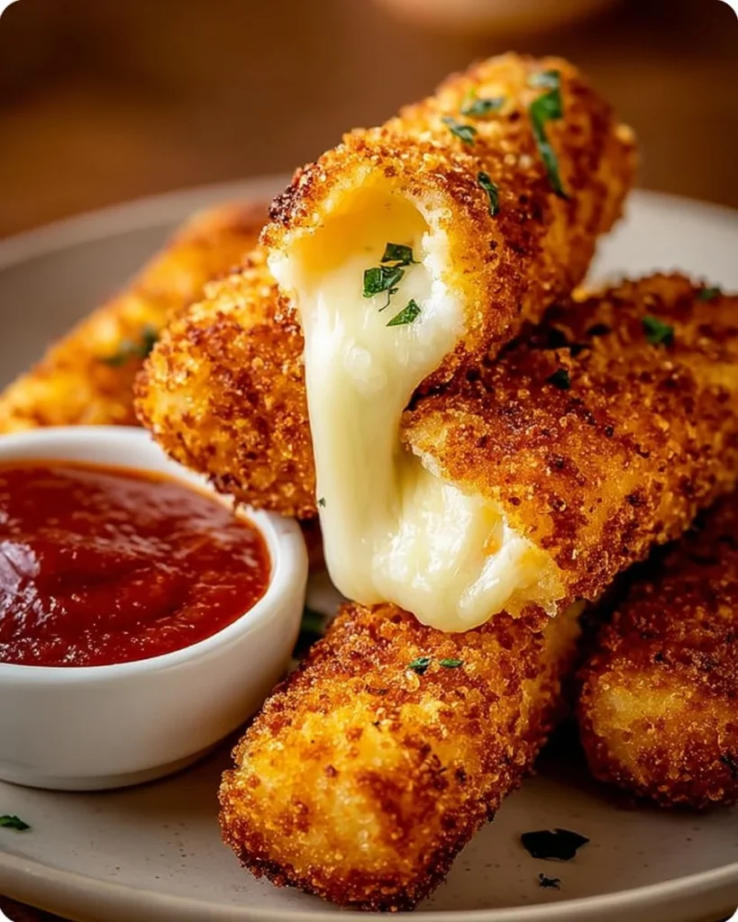 Golden crispy cheddar mozzarella sticks served with marinara sauce