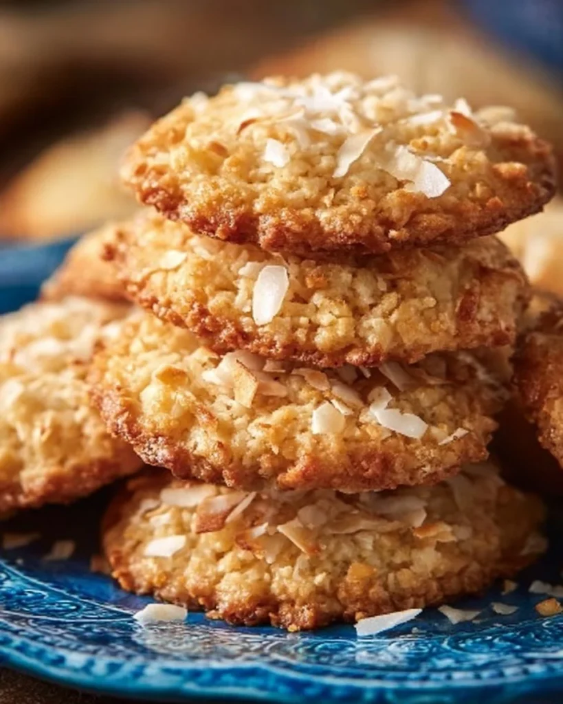 A plate of crispy, chewy Carolina Coconut Cookies with shredded coconut flakes