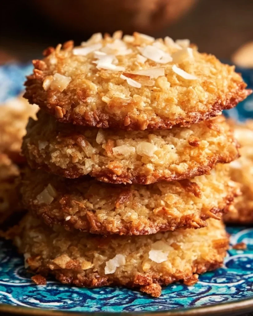 Plate of crispy, chewy Carolina Coconut Cookies with a golden brown exterior