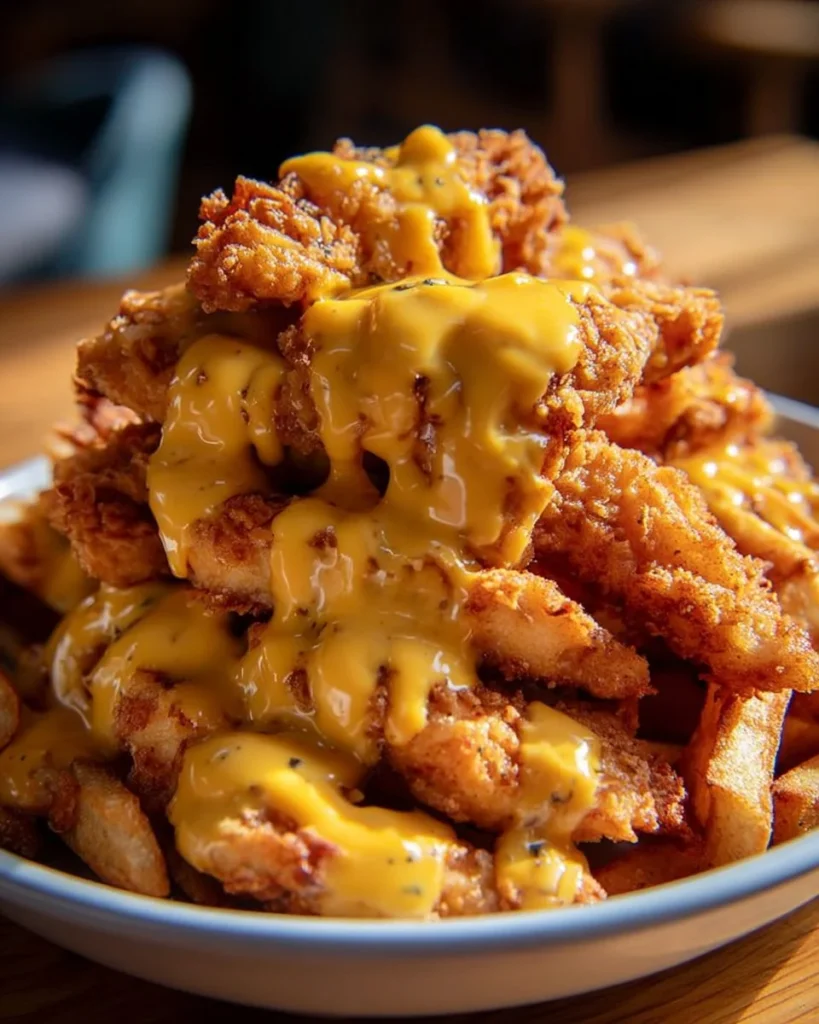Crispy chicken strips topped with cheddar cheese sauce on a plate