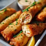 Crispy crab cake egg rolls served with lemon dip on a plate