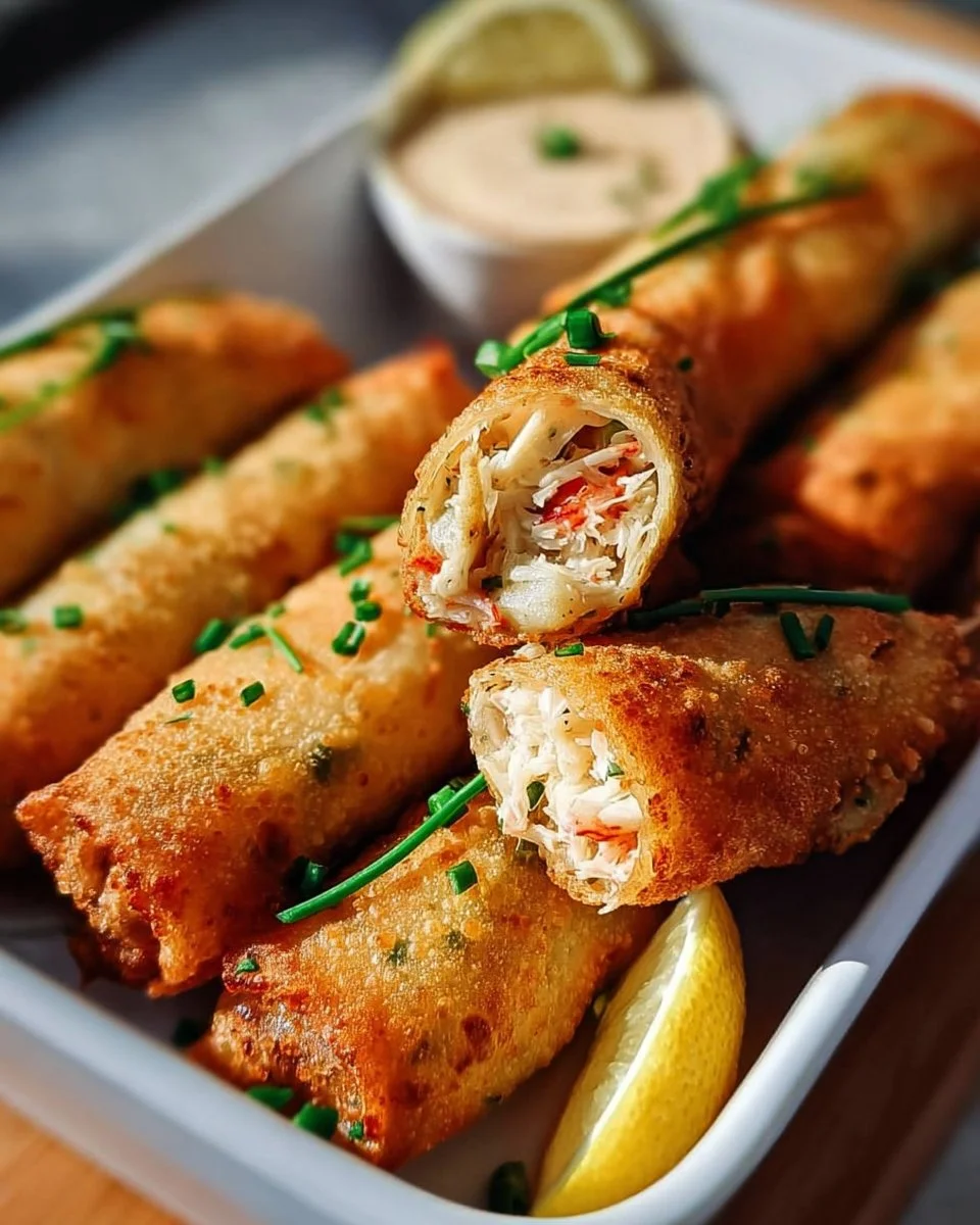 Crispy crab cake egg rolls served with lemon dip on a plate