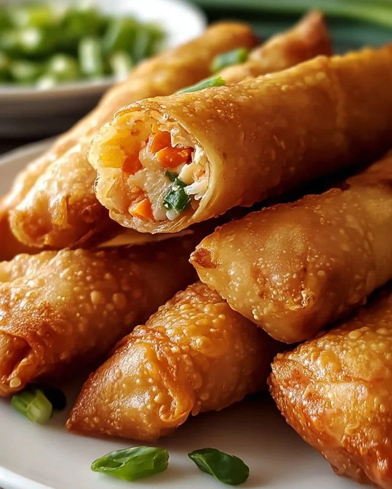 Crispy crab rangoon egg rolls served on a plate with dipping sauce