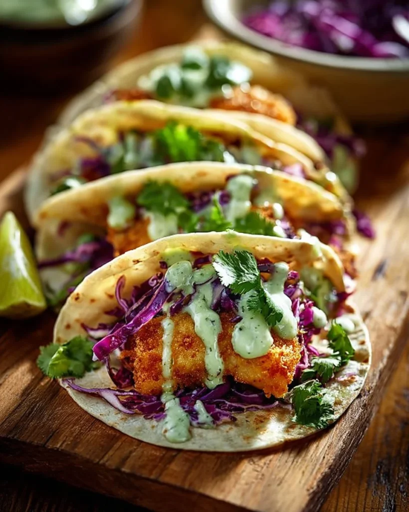 Crispy fish tacos served with cilantro lime slaw on a white plate