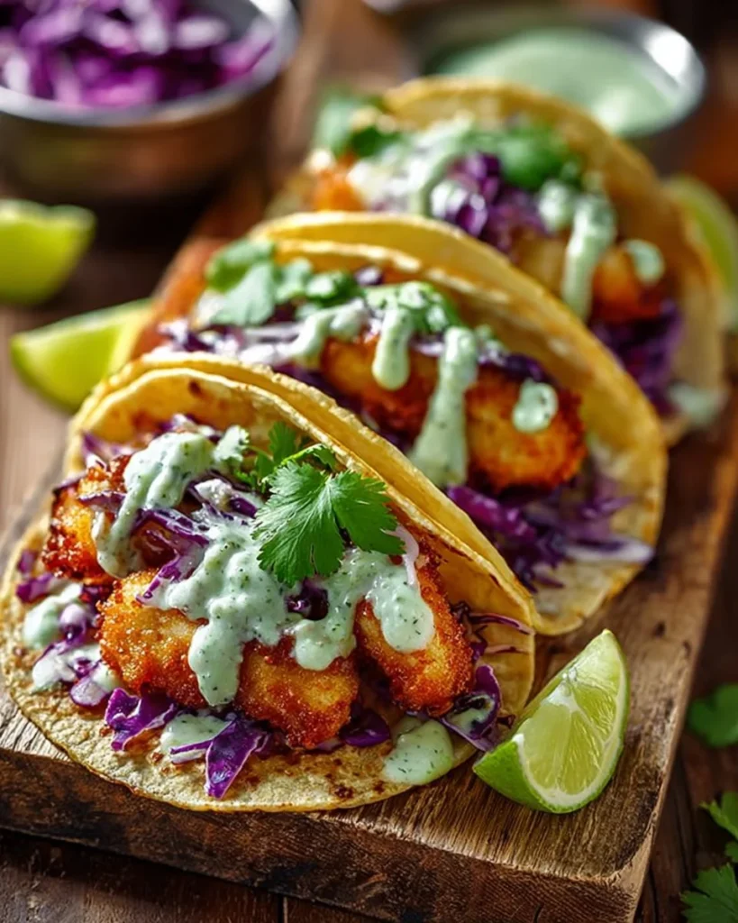 Crispy fish tacos served with cilantro lime slaw on a plate.