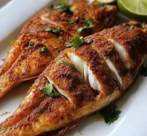 Plate of crispy fried red snapper with lemon and herbs