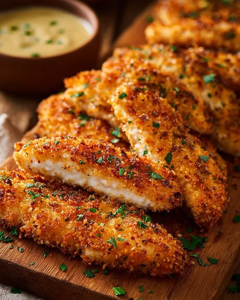 Crispy garlic parmesan chicken tenders served with a dipping sauce.
