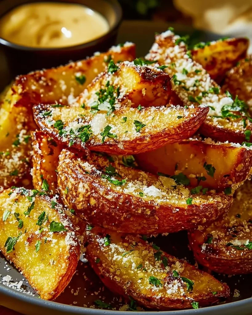 Crispy garlic parmesan potato wedges served in a bowl