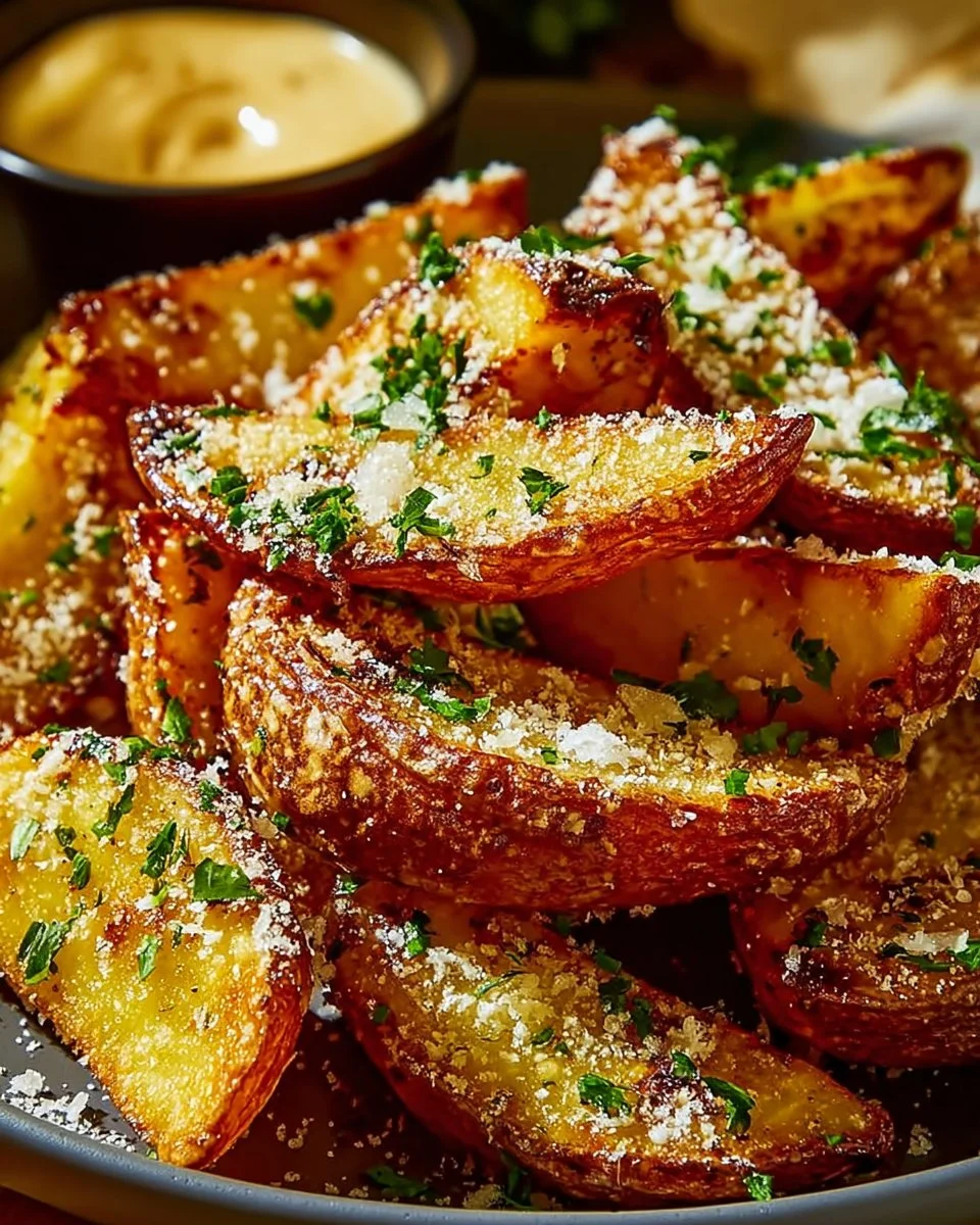 Crispy garlic parmesan potato wedges served in a bowl