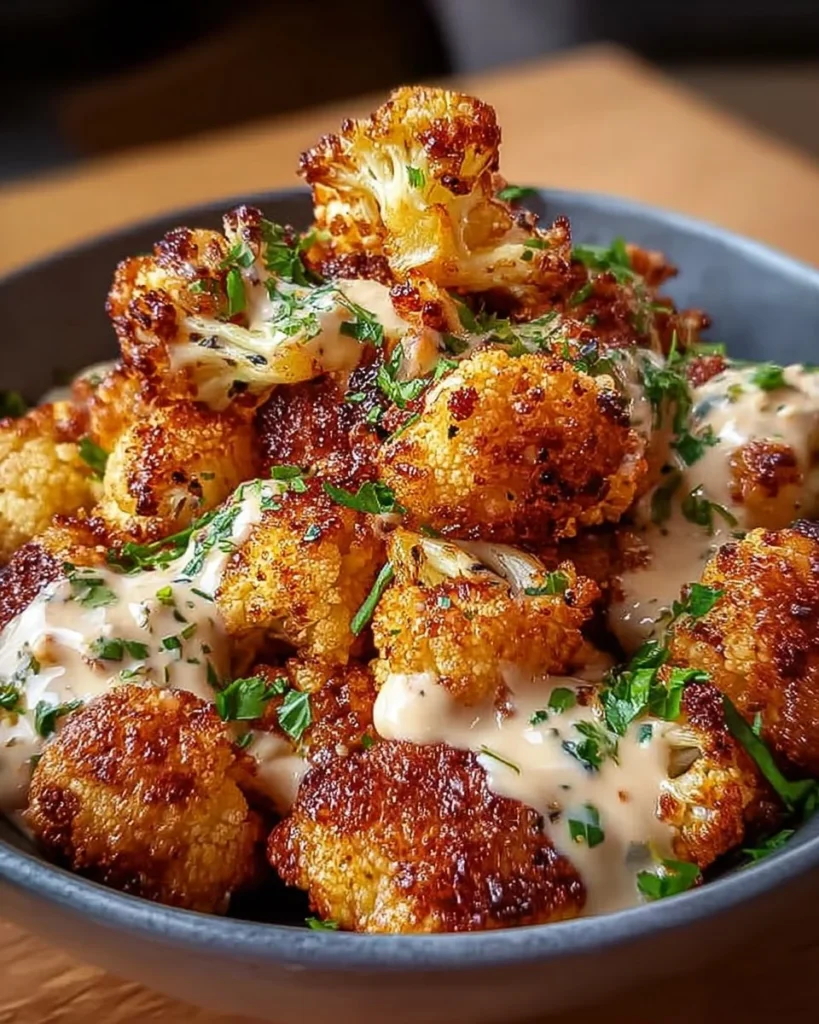 Bowl of crispy roasted cauliflower florets with seasoning.