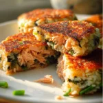 Crispy spinach and tuna rice cake served on a plate, garnished with herbs.