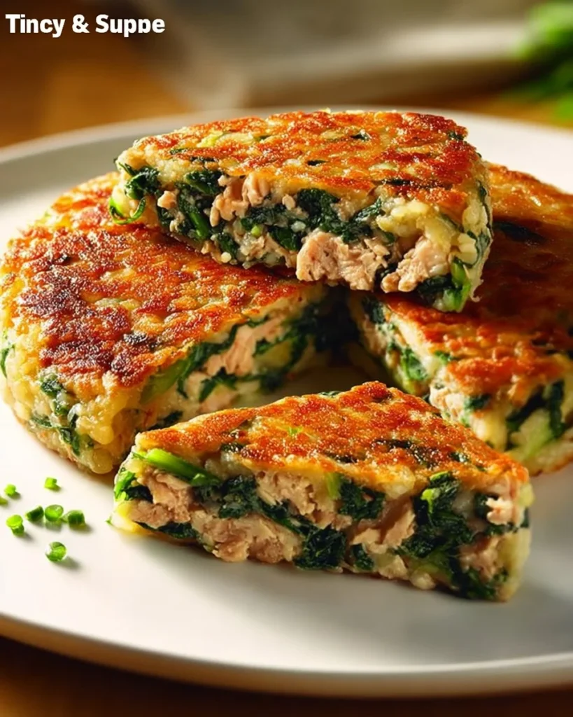 Crispy spinach and tuna rice cakes served on a plate