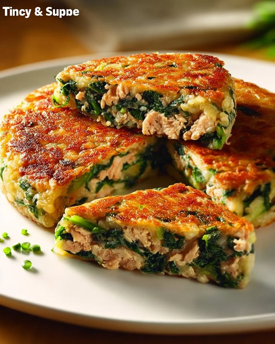 Crispy spinach and tuna rice cakes served on a plate